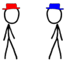 Two XKCD people wearing hats.  One red, one blue.
