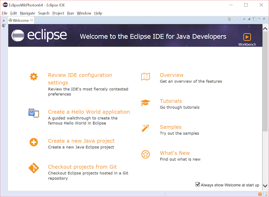 Eclipse welcome screen window