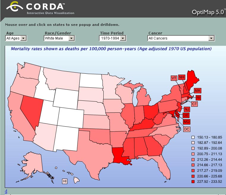 map of the US showing cancer mortality rates