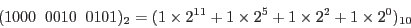 \begin{displaymath}(1000\;\;0010\;\; 0101)_2 = (1 \times 2^{11} + 1 \times 2^5 + 1 \times 2^2
+ 1 \times 2^0)_{10} \end{displaymath}