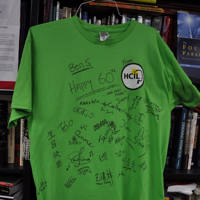 HCIL members signed a t-shirt for Ben Shneiderman on the occasion of his 60th birthday, August 2007