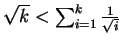 $ \sqrt{k} <\sum_{i=1}^k \frac{1}{\sqrt{i}}$