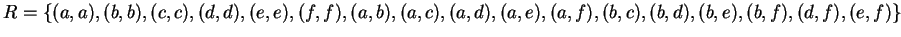 $R=\{(a,a), (b,b), (c,c), (d,d), (e,e), (f,f), \\
(a,b), (a,c), (a,d), (a,e), (a,f), (b,c), (b,d), \\
(b,e), (b,f), (d,f), (e,f)\}$