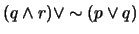 $(q \wedge r) \vee \sim (p \vee q)$