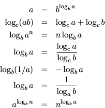 \begin{eqnarray*}
a & = & b^{\log_ba} \\
\log_c(ab) & = & \log_ca + \log_cb \\ ...
...log_ba & = & \frac{1}{\log_ab} \\
a^{\log_bn} & = & n^{\log_ba}
\end{eqnarray*}