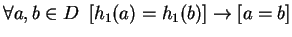 $ \forall a, b \in D \ \left[ h_1(a) = h_1(b) \right] \to \left[ a = b \right]$