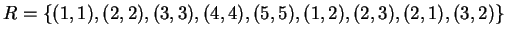 $ R = \{(1, 1), (2, 2), (3, 3), (4, 4), (5, 5), (1, 2), (2, 3), (2, 1), (3, 2)\}$