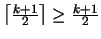 $ \left\lceil \frac{k+1}{2} \right\rceil \geq \frac{k+1}{2}$