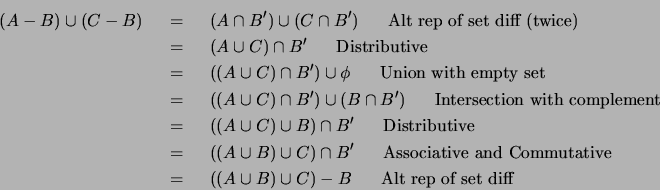 \begin{eqnarray*}
(A - B) \cup (C - B)
& ~=~ & (A \cap B') \cup (C \cap B') ~~...
...& ~=~ & ((A \cup B) \cup C) - B ~~~~~\mbox{Alt rep of set diff}
\end{eqnarray*}