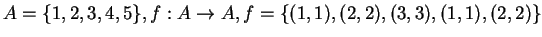 $A = \{1,2,3,4,5\}, f:A \rightarrow A, f = \{(1,1),(2,2),(3,3),(1,1),(2,2)\}$