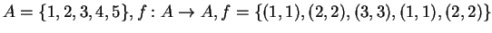 $A = \{1,2,3,4,5\}, f:A \rightarrow A, f = \{(1,1),(2,2),(3,3),(1,1),(2,2)\}$