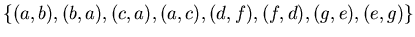 $\{ (a,b), (b,a), (c,a), (a,c), (d,f), (f,d), (g,e), (e,g) \}$
