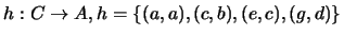 $h: C \rightarrow A, h = \{(a,a),(c,b),(e,c),(g,d)\}$