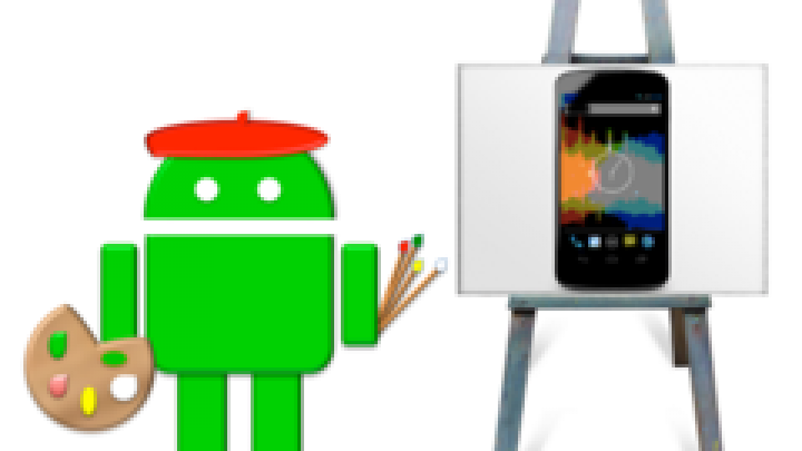 android robot mascot in front of easel with mobile phone