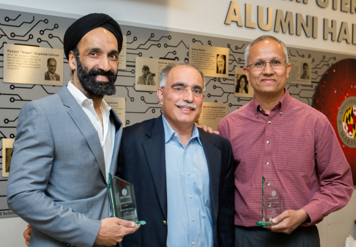 photo of Jagdeep Singh, Samir Khuller, and Rajiv Gandhi at the induction ceremony.