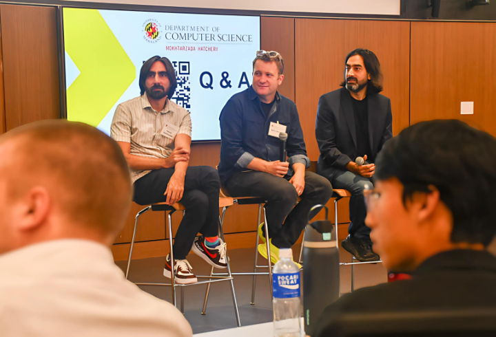photo of Haroon Mokhtarzada, left, Adam Wenchel, center, and Zeki Mokhtarzada, right, participate in a Q&A session with students during the kickoff event for the Mokhtarzada Hatchery program at the Brendan Iribe Center on Thursday, September 12, 2024.