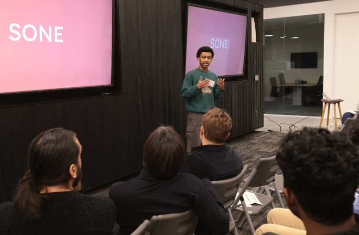 photo of Yonatan Tussa, a junior computer science major, pitches his startup, SONE, at the Capital One Tech Incubator in College Park, Maryland, on Friday, Feb. 7, 2025.