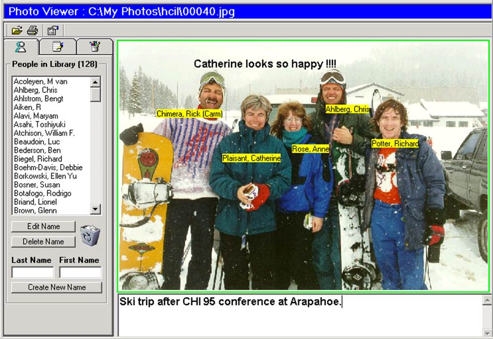 A screenshot of PhotoFinder. A picture of a group of people with their names tagged near them.
