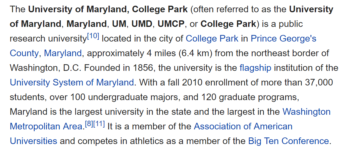 Wikipedia entry for the University of Maryland showing light blue highlighted links